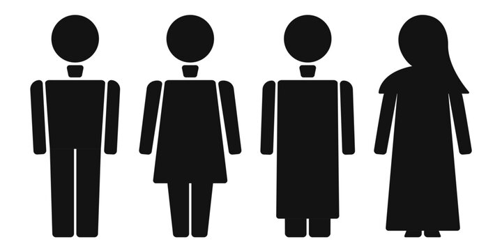 Set of diverse people icons in different outfits, flat vector illustration, isolated on transparent background.