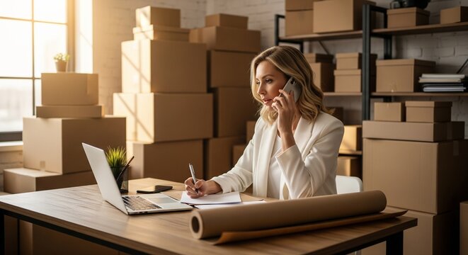 Businesswoman working on laptop and phone in warehouse full of cardboard boxes, fulfillment center