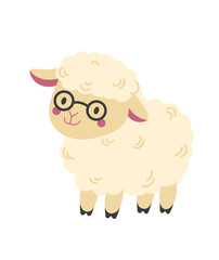 Obraz premium Cute cartoon sheep animal character wearing glasses.