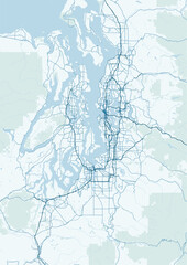 Modern minimalist vector map of Seattle, Washington. High-quality SVG illustration of Seattle city grid, Puget Sound, and Lake Washington for travel posters and design. © AliRza