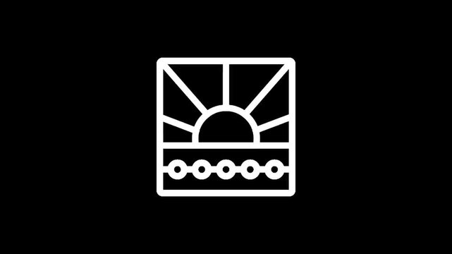 Minimalist white sunburst rising over a stylized landscape with circles on a black background