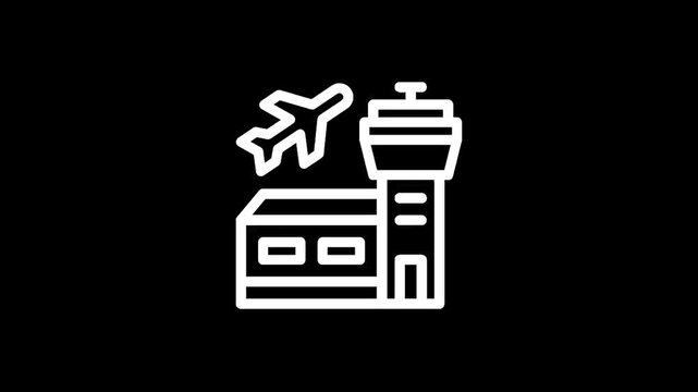 Modern airport terminal building with control tower and airplane icon