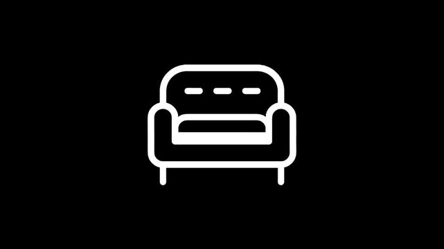 Simple white line art icon of a comfortable armchair on a black background