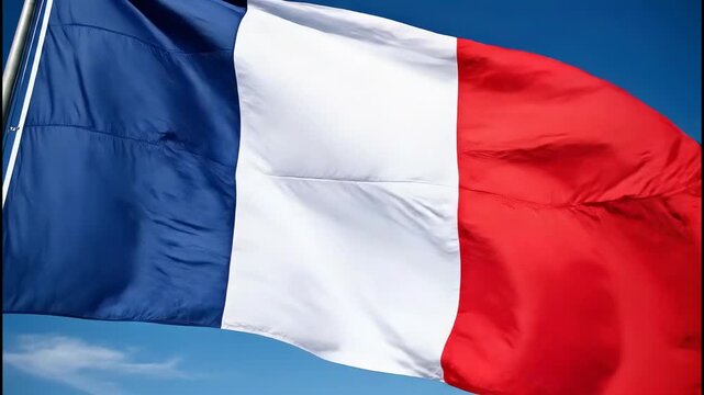 National flag of France waving on flagpole against clear blue sky