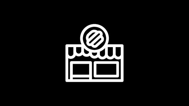 Simple white line icon of a burger shop storefront on a black background