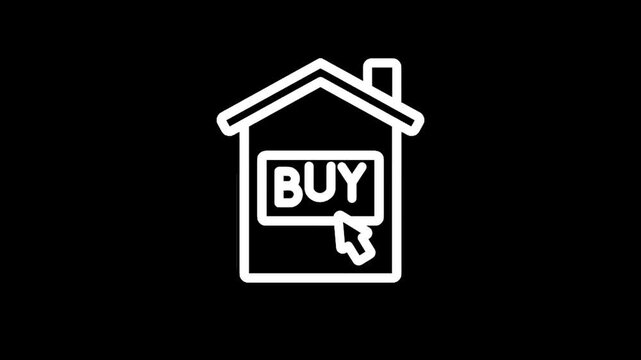 Online house purchase icon with a cursor clicking the buy button on a black background