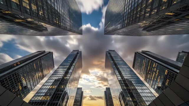 Modern glass skyscrapers in a financial district with dynamic cloud movement and blue sky