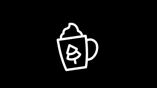Simple line art icon of a festive hot chocolate mug with whipped cream and a Christmas tree