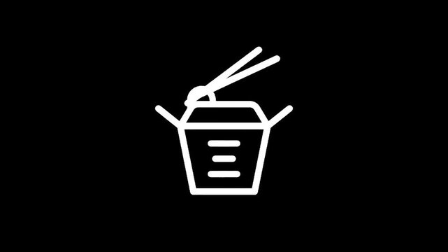 Simple white line icon of an open takeout food container with chopsticks on a black background