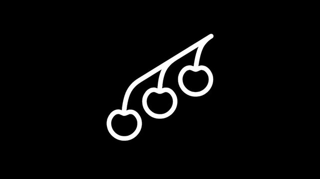 Simple white outline of three cherries on a stem against a black background