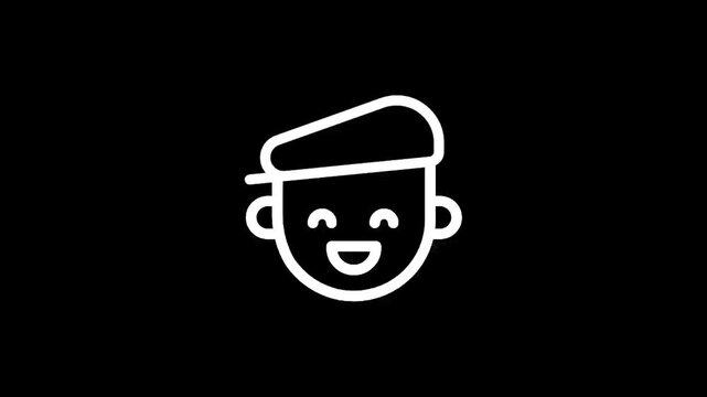 Simple white line art icon of a happy boy wearing a cap on a black background