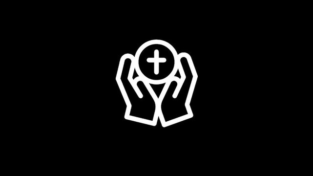 White icon of hands holding a communion wafer with a cross on a black background