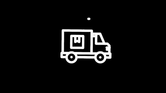 Simple white line art icon of a delivery truck with a box inside on a black background