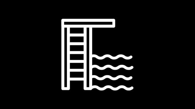Simple line art icon of a diving board with water waves below on a black background