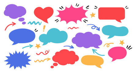 Naklejka premium Colorful Hand Drawn Speech Bubbles and Scribbles Set Doodle Style : Handdrawn chat bubbles, thought clouds, and arrows with colorful doodle elements. communication shapes for fun comic dialogues