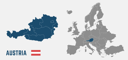 Austria map. Austria flag. Europe and Austria maps with regions. Europe map isolated on white background. High detailed. Vector illustration  © Denys Holovatiuk