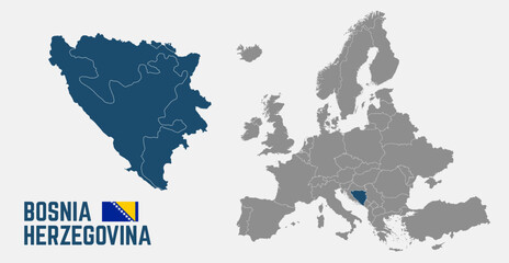 Obraz premium Bosnia and Herzegovina map, flag. Bosnia and Herzegovina maps with regions. Europe map isolated on white background. High detailed. Vector illustration 