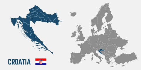 Fototapeta premium Croatia map. Croatia flag. Europe and Croatia maps with regions. Europe map isolated on white background. High detailed. Vector illustration 