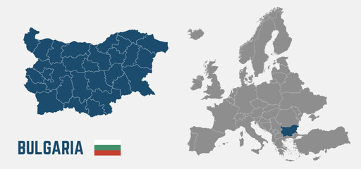 Plakat Bulgaria map. Bulgaria flag. Europe and Bulgaria maps with regions. Europe map isolated on white background. High detailed. Vector illustration 