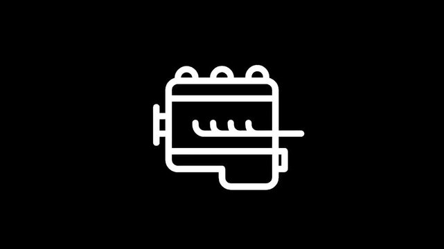 Simple white line art icon of an engine on a black background