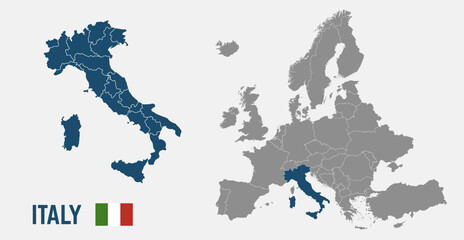 Fototapeta premium Italy map. Italy flag. Europe and Italy maps with regions. Europe map isolated on white background. High detailed. Vector illustration 