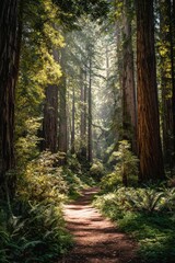 Fototapeta premium Sunlight filters through redwood forest path