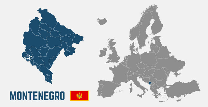 Montenegro map. Montenegro flag. Europe and Montenegro maps with regions. Europe map isolated on white background. High detailed. Vector illustration	