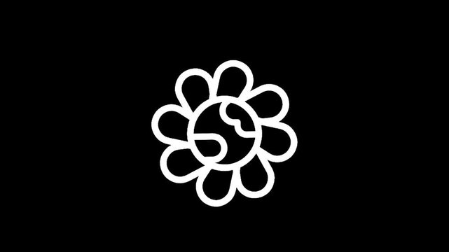 Stylized white flower icon with a globe in the center on a black background