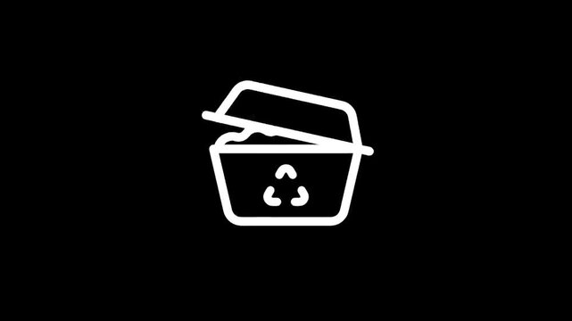 Simple white line icon of a trash can with a recycling symbol on a black background