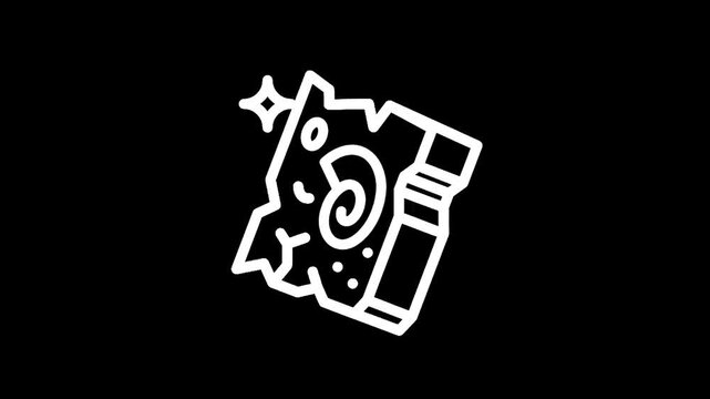 Stylized white outline of a cracked ancient scroll with a spiral design and sparkles