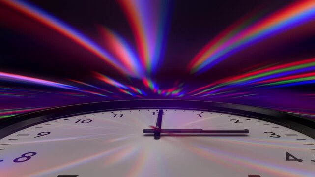 Beautiful futuristic clock scene with cyber light beams and energy burst effect, ideal for sci-fi, AI, data, cyberspace and digital innovation visuals. Beautiful 3d Animation 4k, Ultra HD 3840x2160