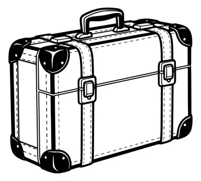 Vintage travel suitcase illustration with straps and handle, retro luggage icon isolated in black and white line art style
