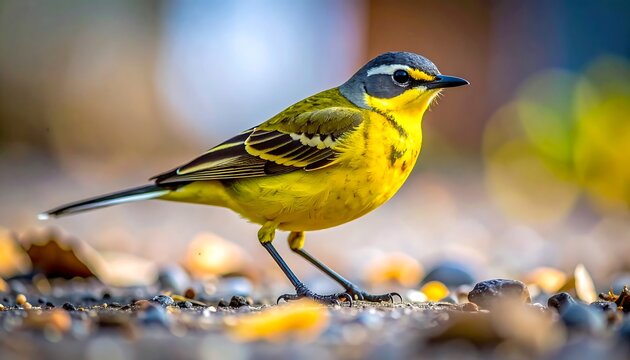 Yellow bird standing on ground with seeds.