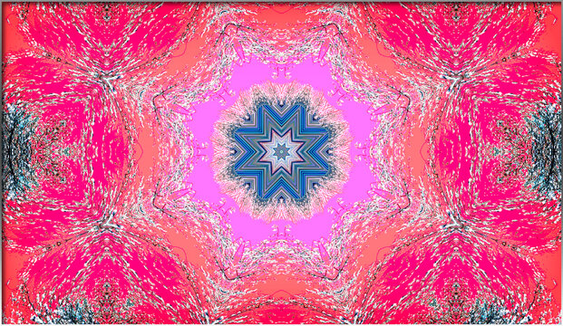 A vibrant mandala design with a star motif at the center, surrounded by swirling patterns in shades of pink and blue. The symmetrical composition draws the eye and creates a sense of balance.