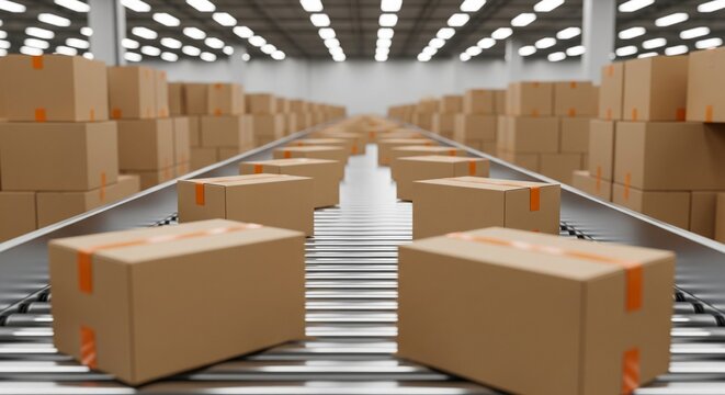 Cardboard Boxes Moving on a Conveyor Belt in a Warehouse, Logistics and Shipping Process