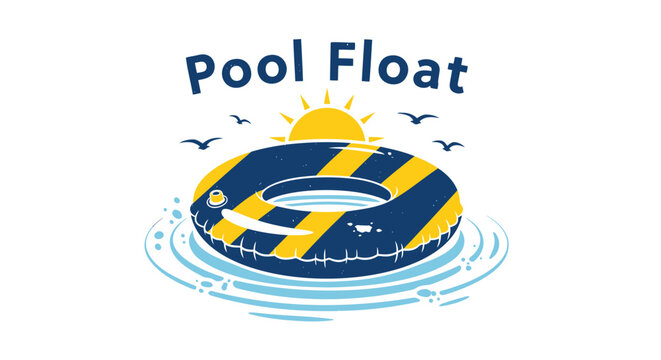 Inflatable pool float, summer swimming ring, yellow blue striped buoy, water recreation icon