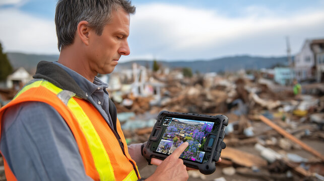 Over the shoulder view of a structural engineer reviewing drone footage of a flood-damaged neighborhood on a tablet, standing in knee-high debris field, sky clearing to pale blue,