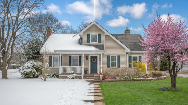 Comparison of a suburban house exterior in winter and spring seasons showing snow and blooming cherry blossom tree