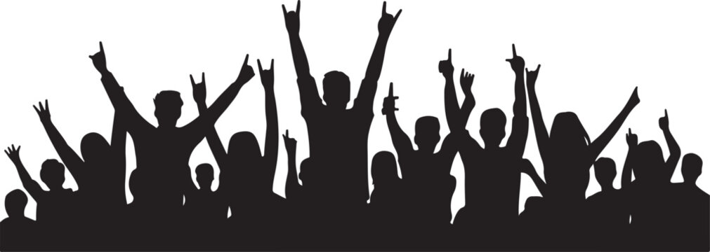 Black crowd silhouette of people with raised hands at concert or party event celebration, cad drawing flat vector illustration background
