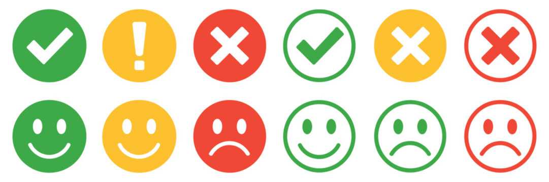 Circular status icon set with green yellow red signals, approval and error symbols, alert and feedback emoticons, clean flat vector design elements for apps, dashboards, and user interface rating syst