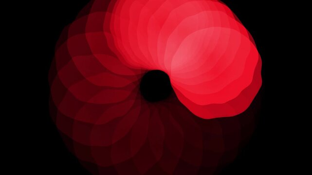 Red abstract spiral geometric pattern rotating in a seamless hypnotic motion loop on black background
