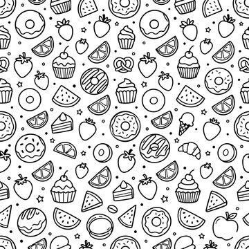Seamless summer doodle pattern with sweet donuts cupcakes and fresh fruits