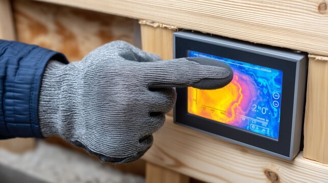 Thermal imaging display mounted inside a passive house wall cavity showing heat flow in vivid orange and blue gradients, a gloved hand pointing at cold bridge data, ideal for passi