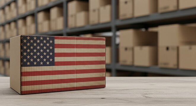 Cardboard shipping box decorated with the American flag, placed on a wooden table with warehouse