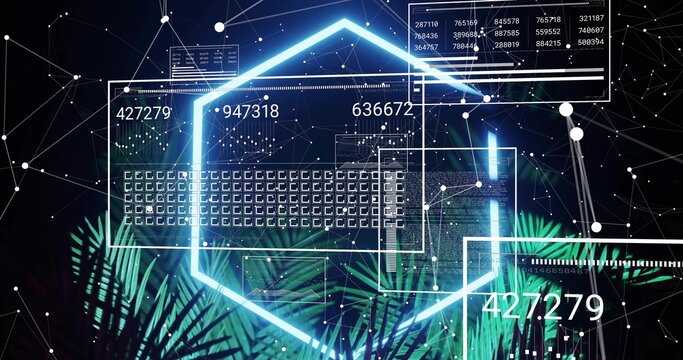 Projecting glowing cyan hexagon with UI panels over starfield, showing code, grids and palm leaves