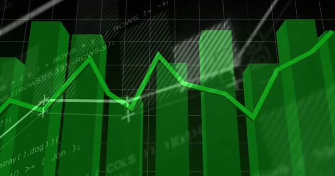 Displaying 3D green bar chart in digital analytics dashboard, overlaying neon-green line graph