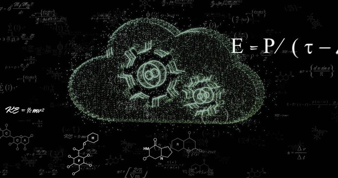 Forming green particle cloud with two gears on black canvas, showing E=P or (?-