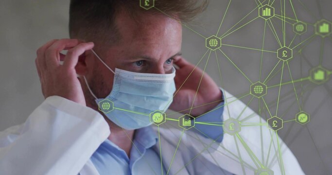 Adjusting doctor fixing mask loops with both hands in clinic, wearing lab coat, neon-green overlay