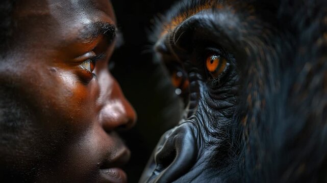 a black man and a monkey face to face