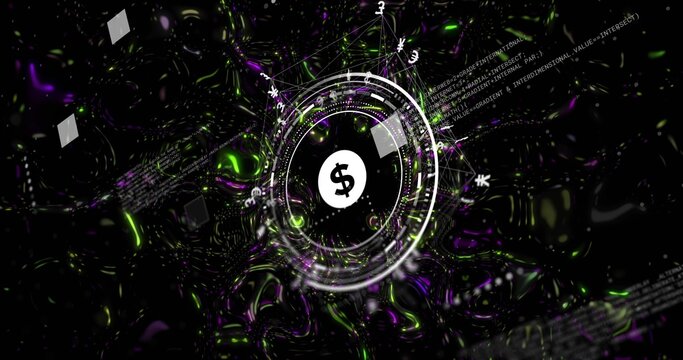 Glowing central white dollar-sign symbol pulsing within virtual interface, showing HUD rings